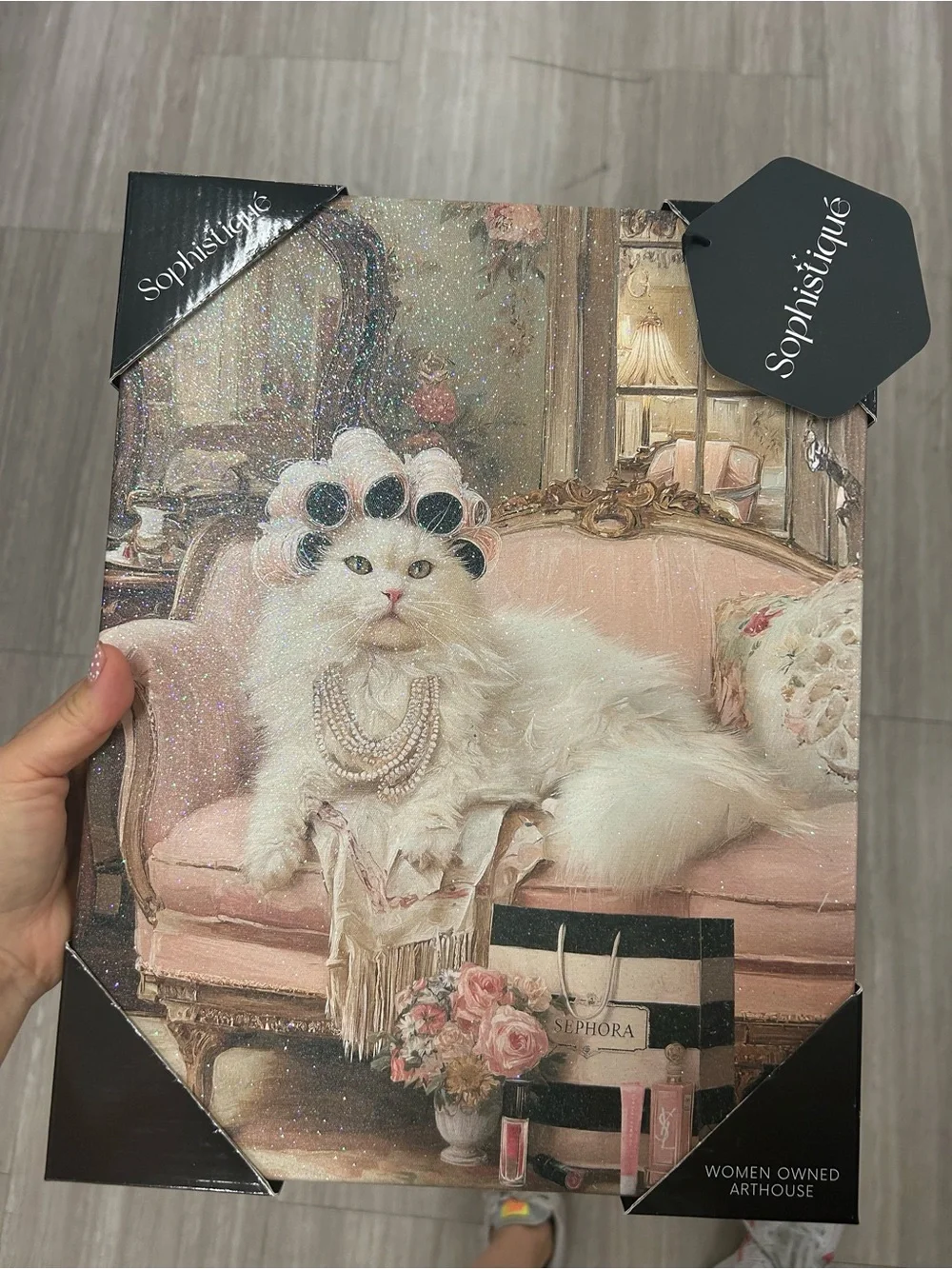 White Cat Canvas Art Print - Pink Accent